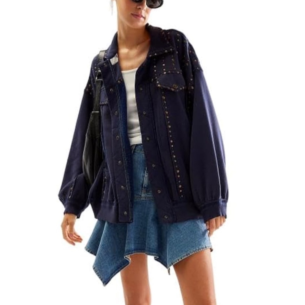 Free People NWT Keepin' On Trucker STUDDED Relaxed  Jacket /Shacket OVERSIZED